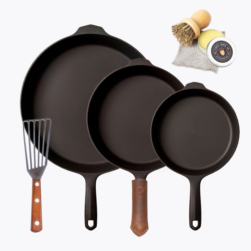Founder's Favorites: three Field Skillets with leather handle cover, slotted turner, and cast iron care items