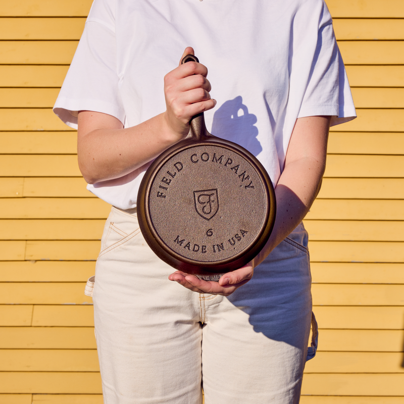 Underside of the No.6 Cast Iron Skillet showing the Field Company and Made in USA stamps