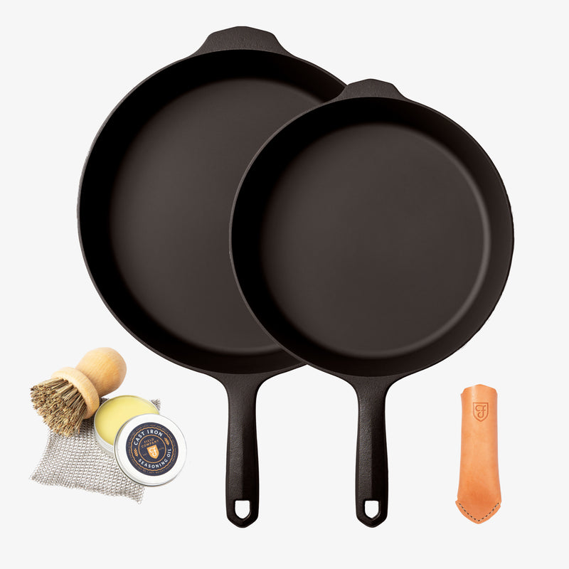 The Cast Iron Classics: two Field Skillets with leather handle cover, scrub brush, chain mail, and seasoning oil