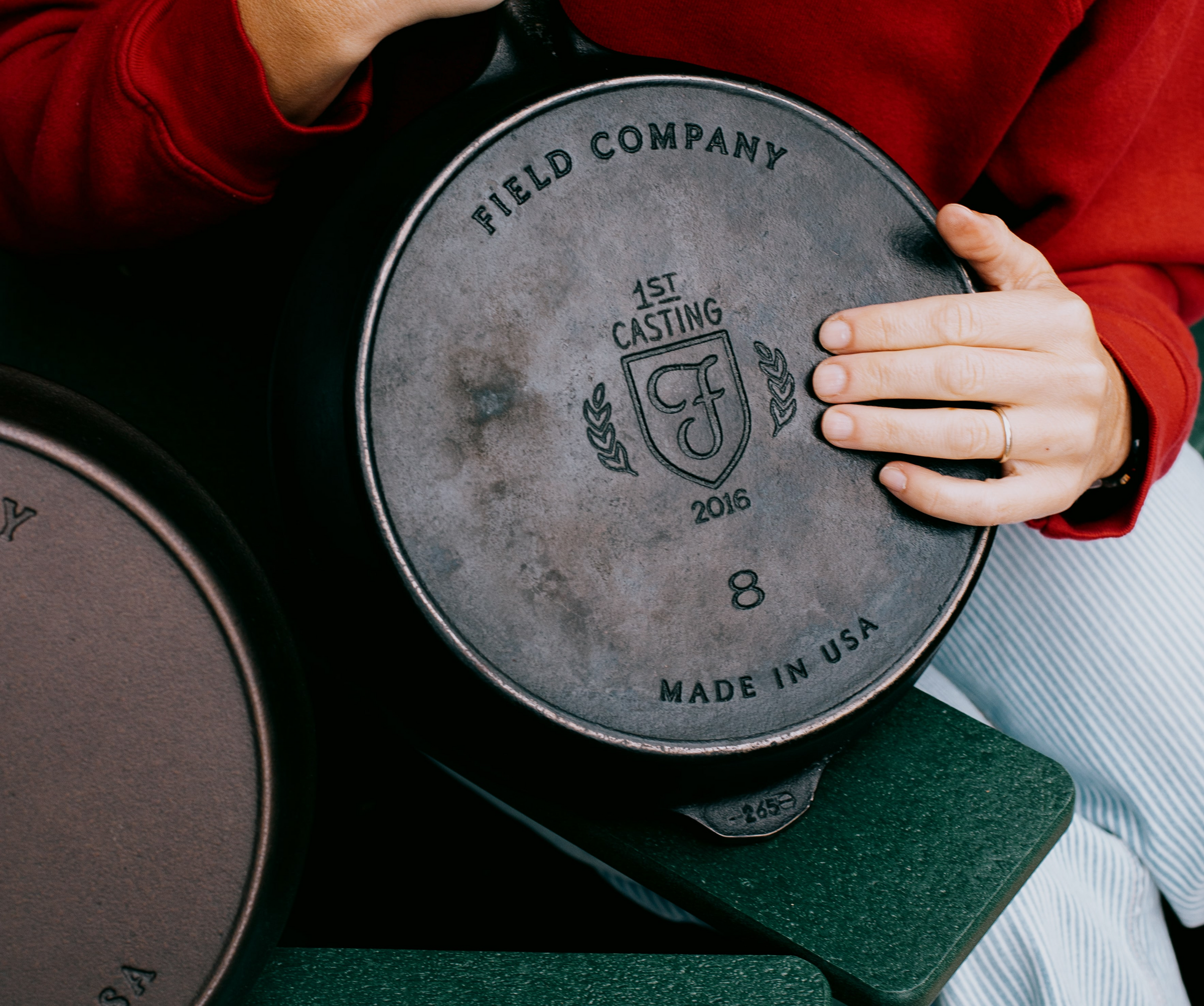 Underside of the No.8 Cast Iron Skillet with commemorative Field Company 1st Casting 2016 and Made in USA stamps
