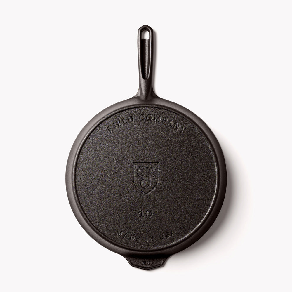 Underside of the No.10 Cast Iron Skillet showing the Field Company and Made in USA stamps
