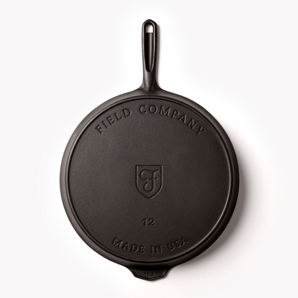 Underside of the No.12 Cast Iron Skillet showing the Field Company and Made in USA stamps