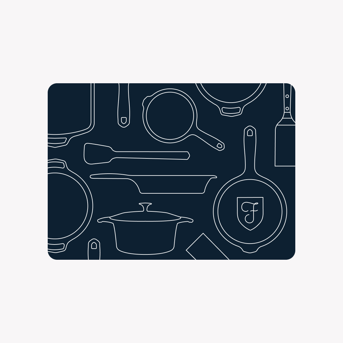Field Company gift card in navy with white line drawings of skillets, a Dutch oven, and kitchen tools