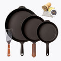 Founder's Favorites: three Field Skillets with leather handle cover, slotted turner, and cast iron care items thumbnail