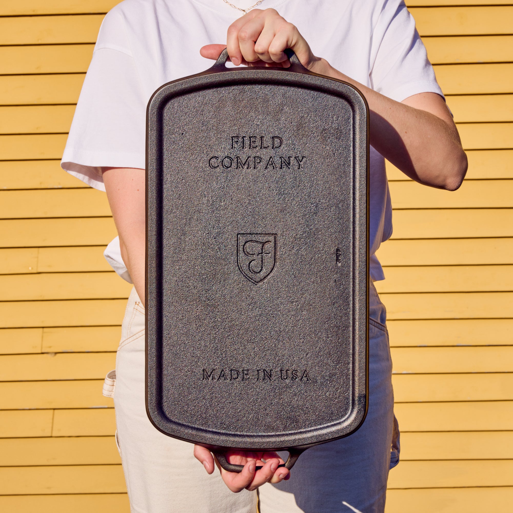 Underside of the Long Cast Iron Griddle showing the Field Company and Made in USA stamps