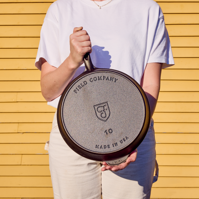 Underside of the No.10 Cast Iron Skillet showing the Field Company and Made in USA stamps