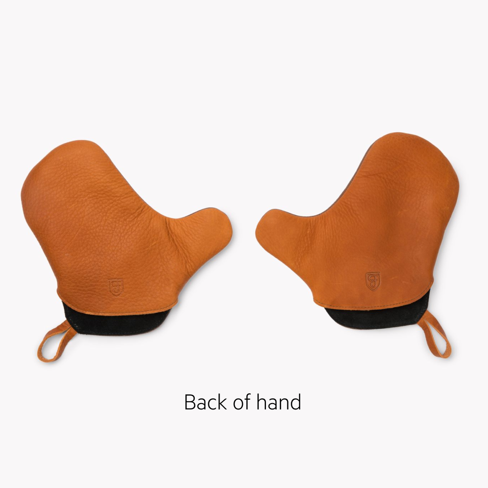 Pair of tan Field Leather Oven Mitts shown from the back of the hand