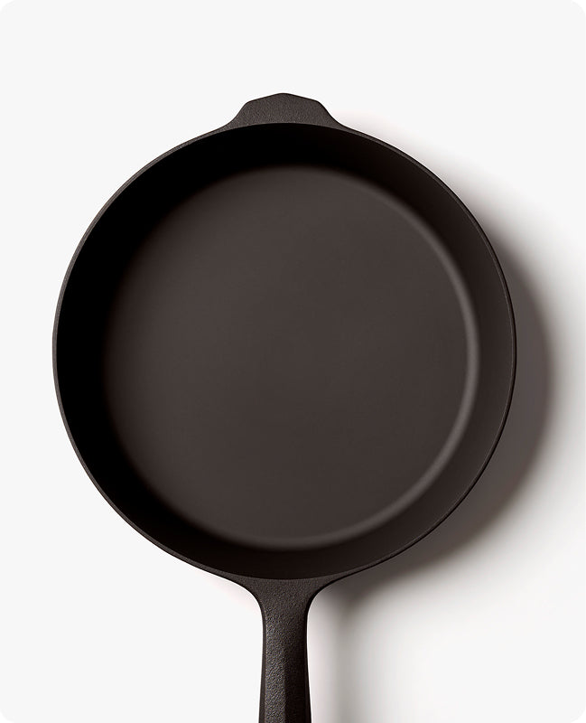 Overhead of the Field Skillet on a white background, helper handle at top