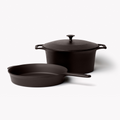 No.10 Field Skillet in front of the lidded No.10 Dutch Oven, angled studio view thumbnail