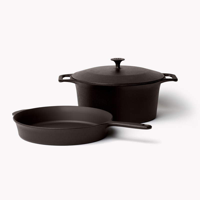 No.10 Field Skillet in front of the lidded No.10 Dutch Oven, angled studio view