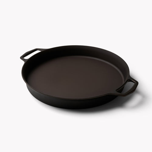 Angled view of the No.16 Field double-handled skillet, loop handles on both sides