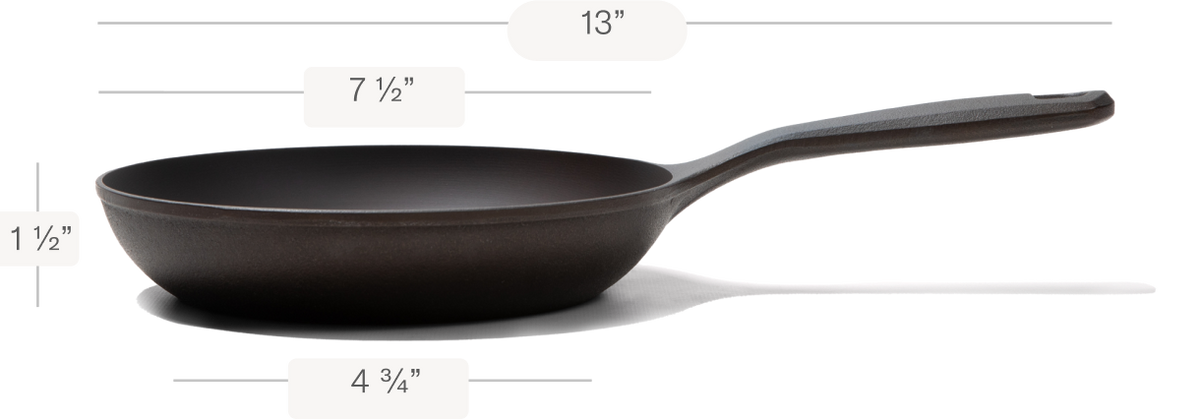 Side view of a Field Skillet with dimensions marked: 13" long, 7 1/2" top diameter, 4 3/4" base, 1 1/2" deep