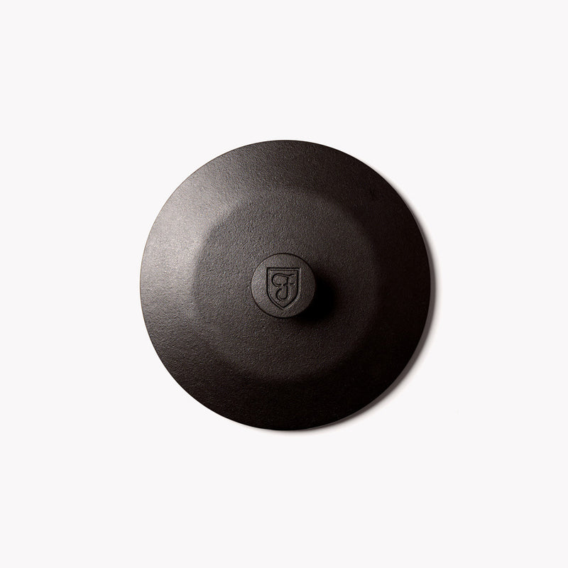 Overhead view of the No.6 Field Cast Iron Skillet Lid with shield-stamped center knob