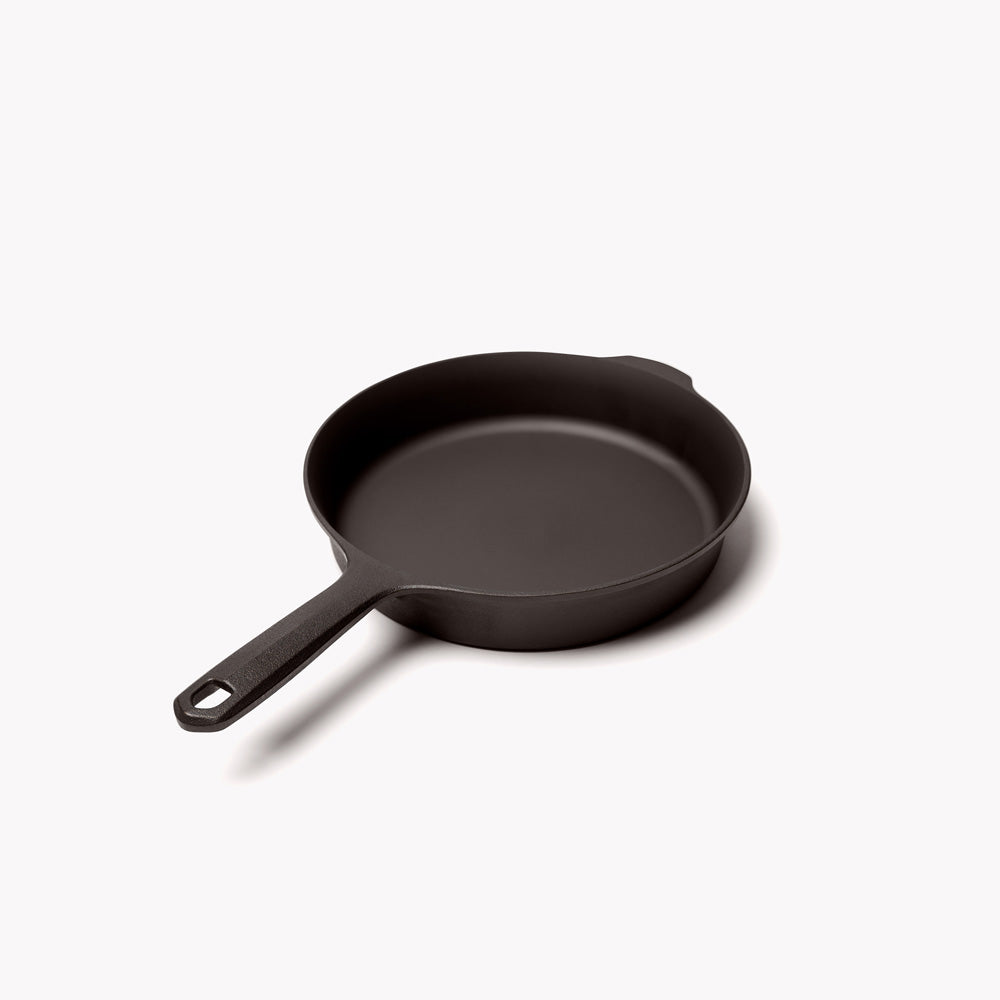 No.6 Field Cast Iron Skillet angled view with handle in the foreground, showing the hanging hole