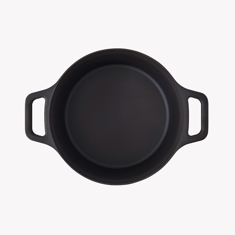 Overhead view of the uncovered No.8 Field Cast Iron Dutch Oven with cast loop handles on both sides
