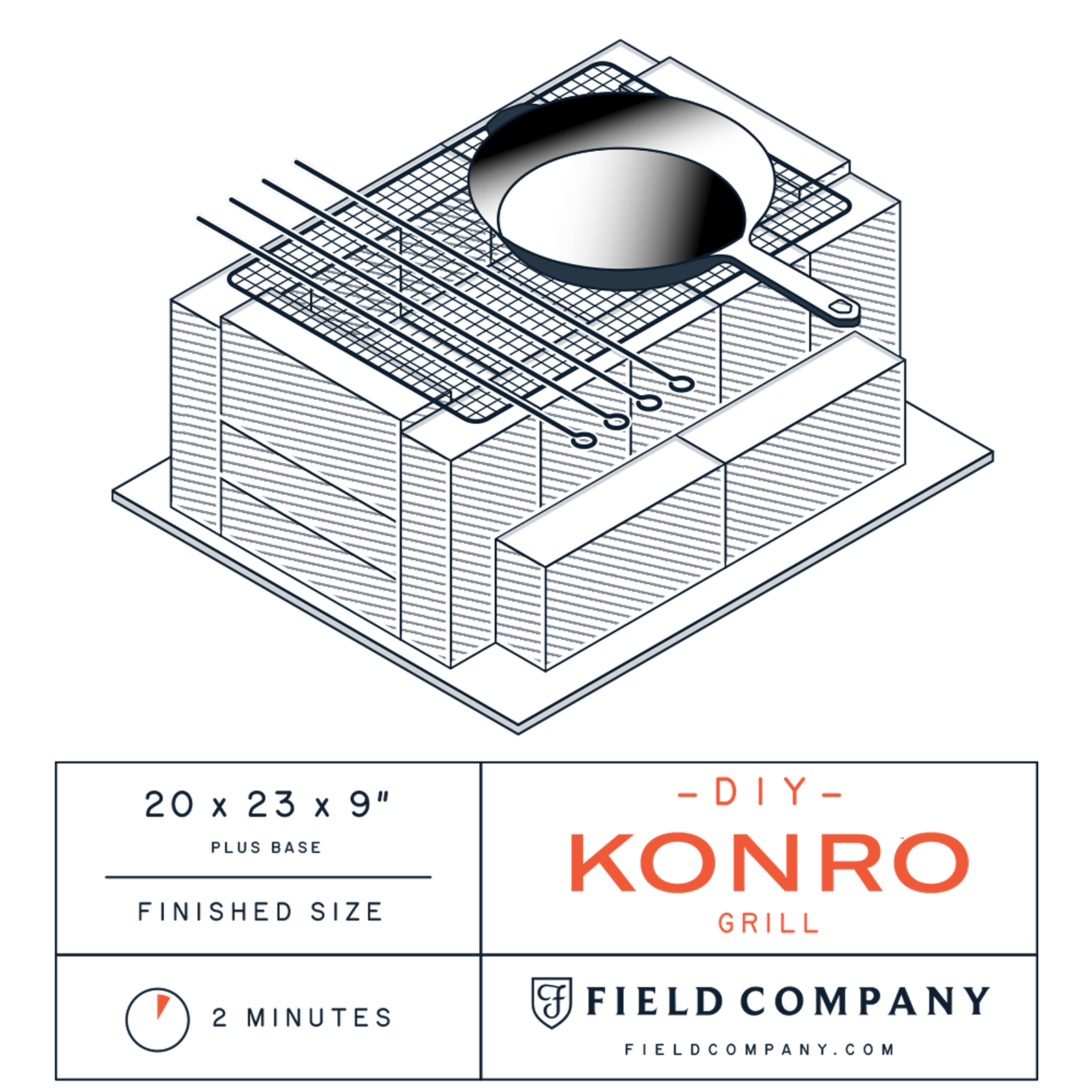 Line-drawing diagram of the Field Company DIY Konro grill built from bricks, 20 x 23 x 9 inch footprint