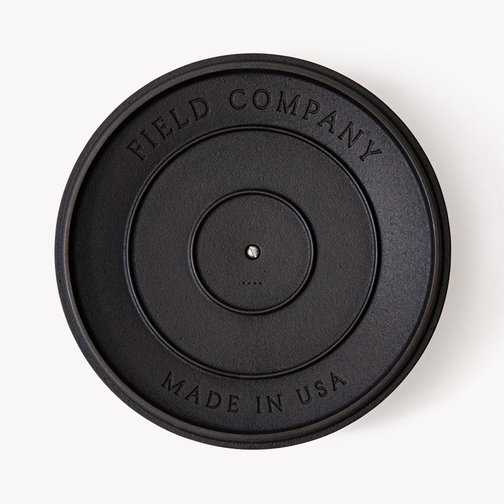 Underside of the No.8 Cast Iron Skillet Lid showing the Field Company and Made in USA stamps