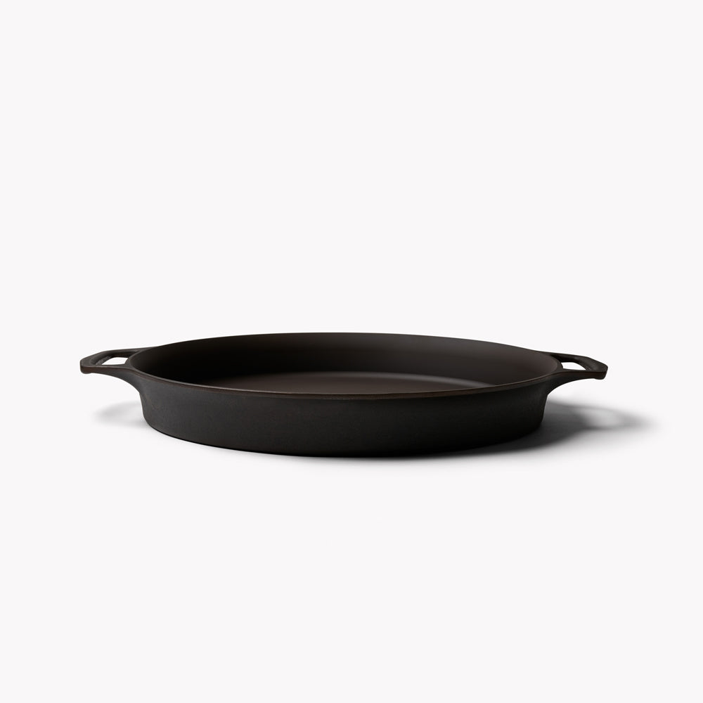 Side profile of the No.16 Field Double-Handled Cast Iron Skillet showing its shallow walls and loop handles