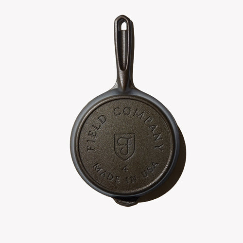 Underside of the No.4 Cast Iron Skillet showing the Field Company and Made in USA stamps
